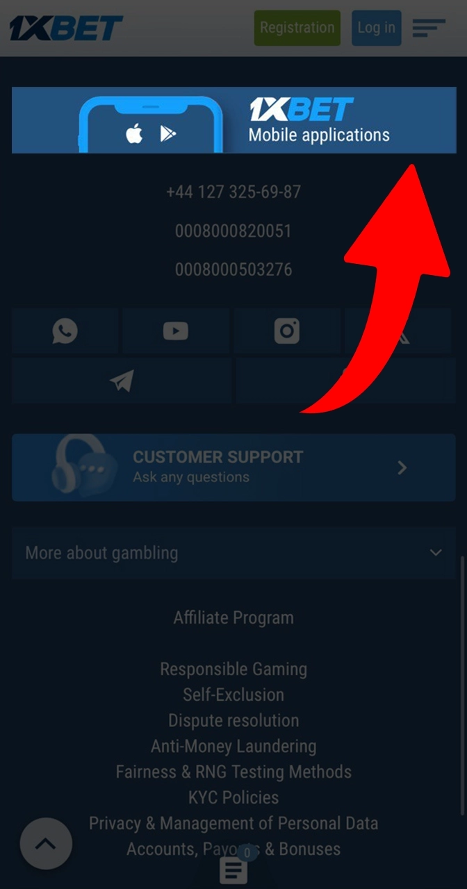 Find the application page by scrolling down the casino page.