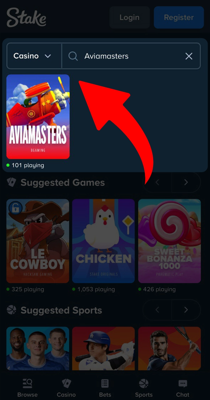 Enter the Aviamasters game in the search on the casino website.