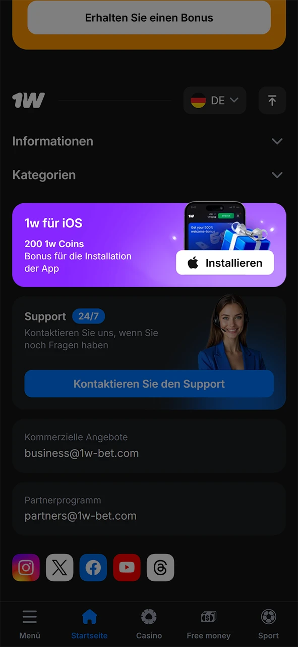 Fahren Sie mit dem Herunterladen der Anwendung auf der Casino-Website fort.
