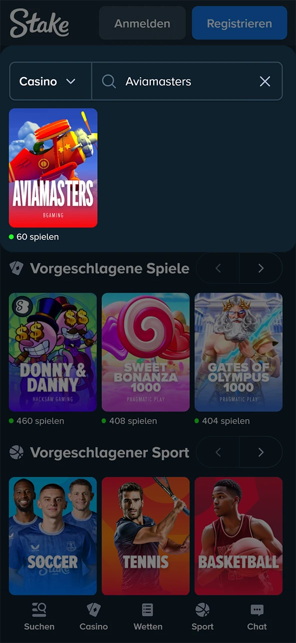Geben Sie das Spiel Aviamasters in die Suchfunktion auf der Casino-Website ein.