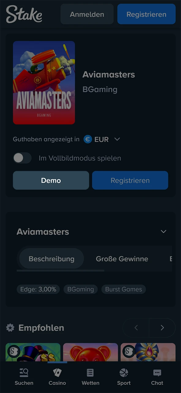 Wählen Sie die Aviamasters-Spielversion für Echtgeld oder den Demo-Modus.