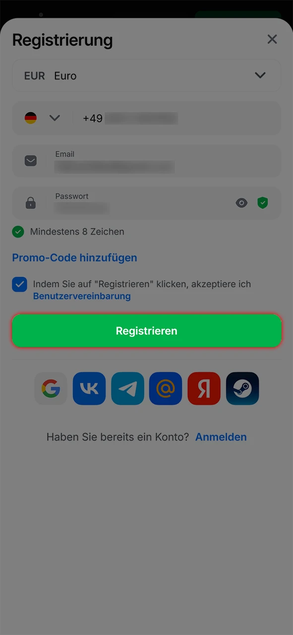 Erstellen Sie ein persönliches Casino-Konto, um bei Aviamasters mit dem Wetten zu beginnen.
