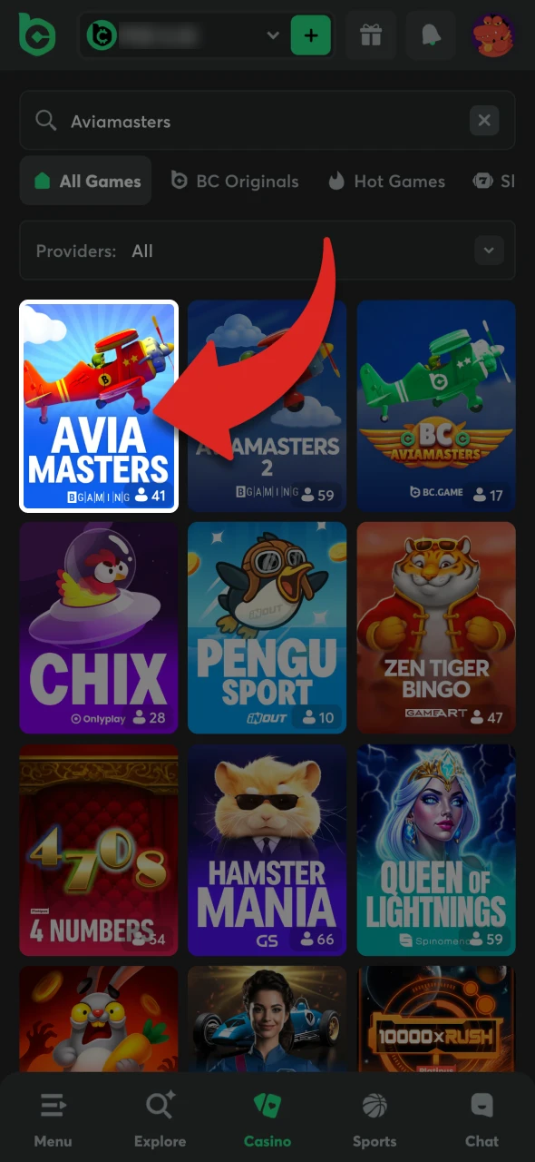 Go to the casino search bar and search for Aviamasters.