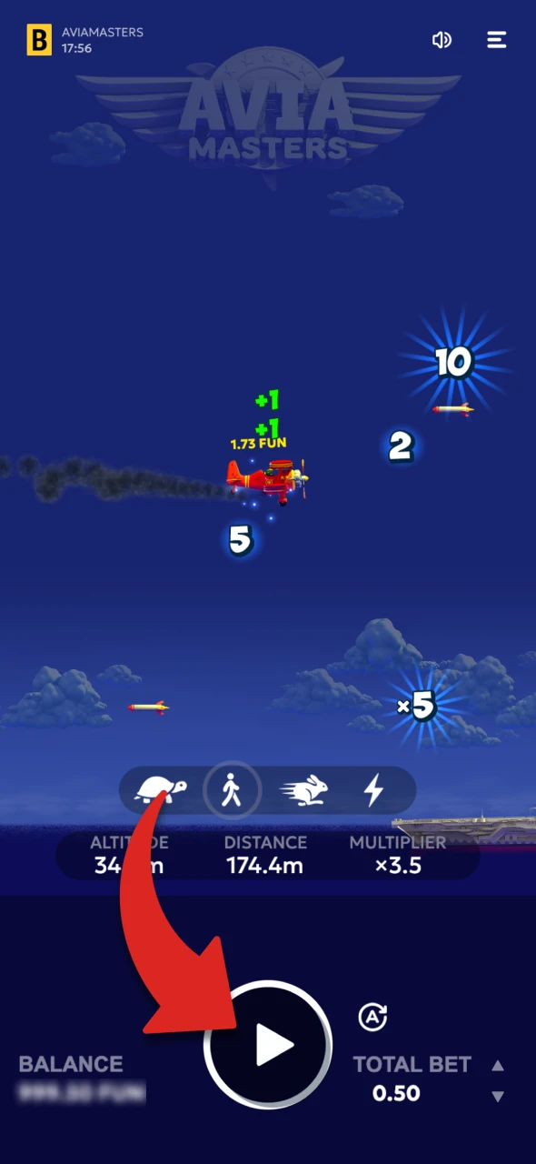 Start the game by clicking the play button in the Aviamasters game.